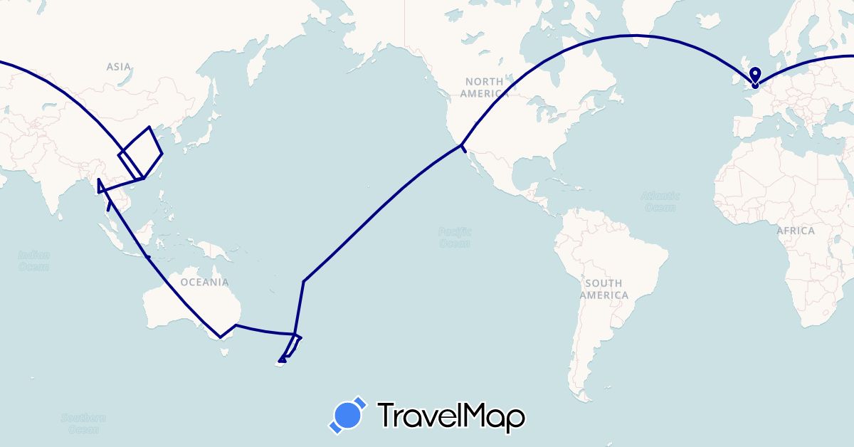 TravelMap itinerary: driving in Australia, China, Fiji, United Kingdom, Indonesia, Myanmar (Burma), Mexico, New Zealand, Thailand, United States (Asia, Europe, North America, Oceania)
